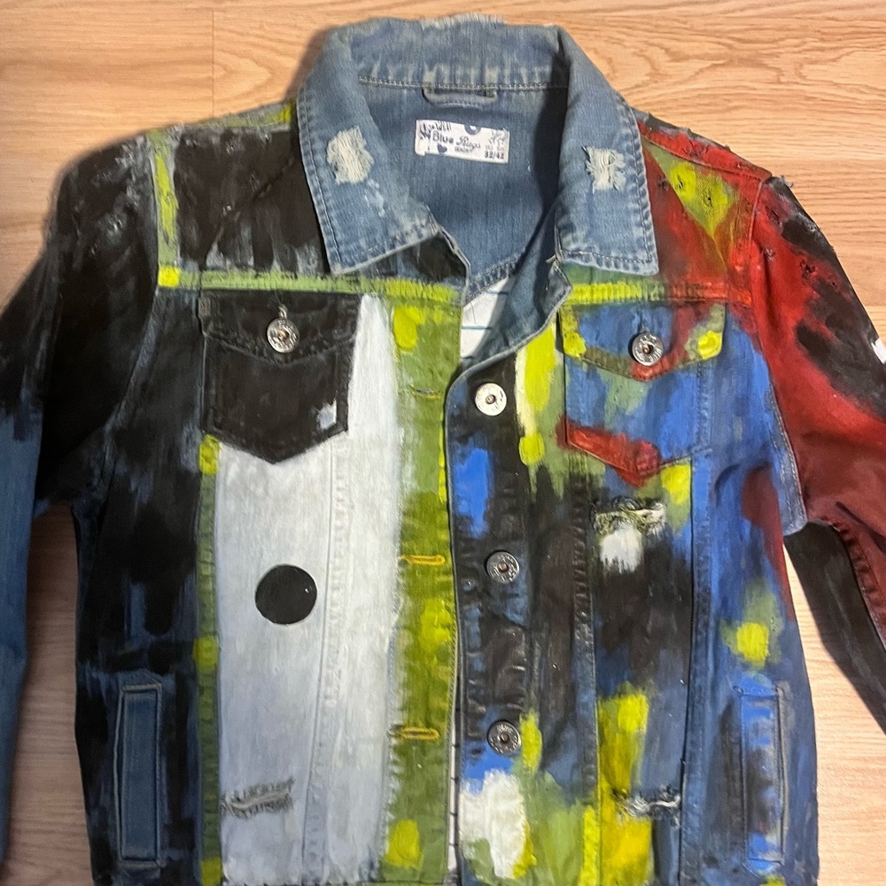 Bohemian Hand-Painted Denim Jacket Women’s Small with Bold Multicolor Paint - Picture 4 of 9